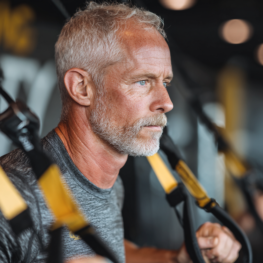 Мъж на 58 години прави функционална тренировка с TRX системи в truskadore фитнес центъра