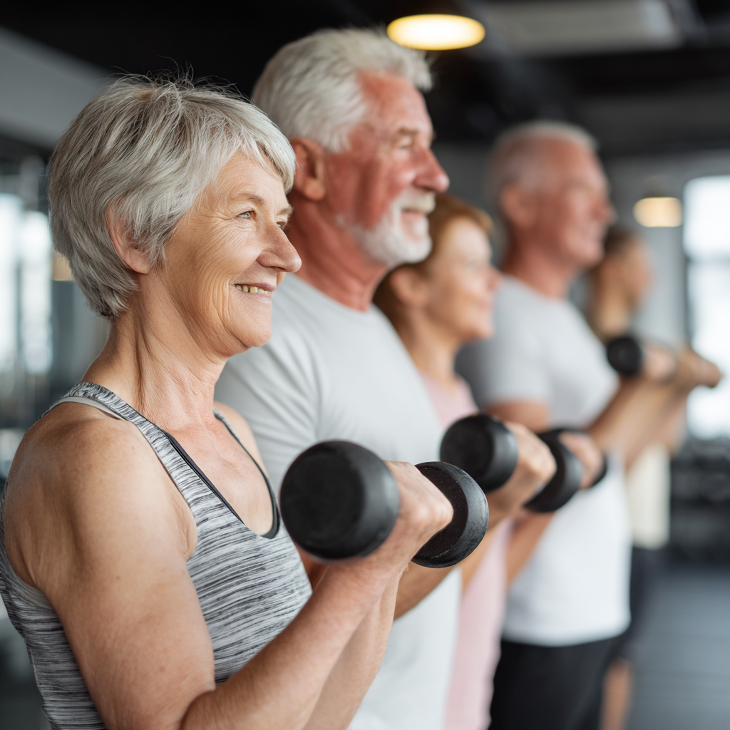 Група възрастни хора на 55 години правят силова тренировка с гирички в модерна фитнес зала