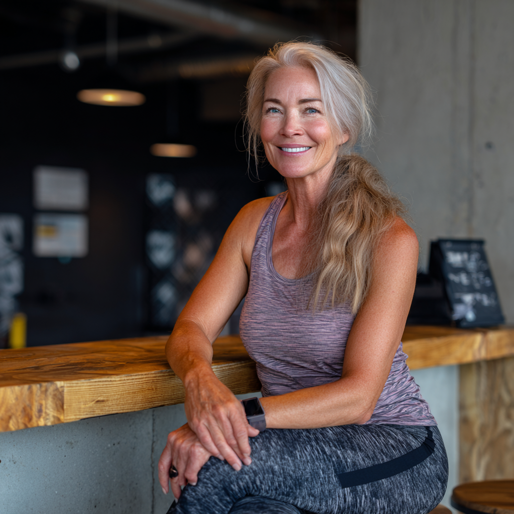 Усмихната жена на 55 години със спортно облекло в модерната рецепция на truskadore фитнес център